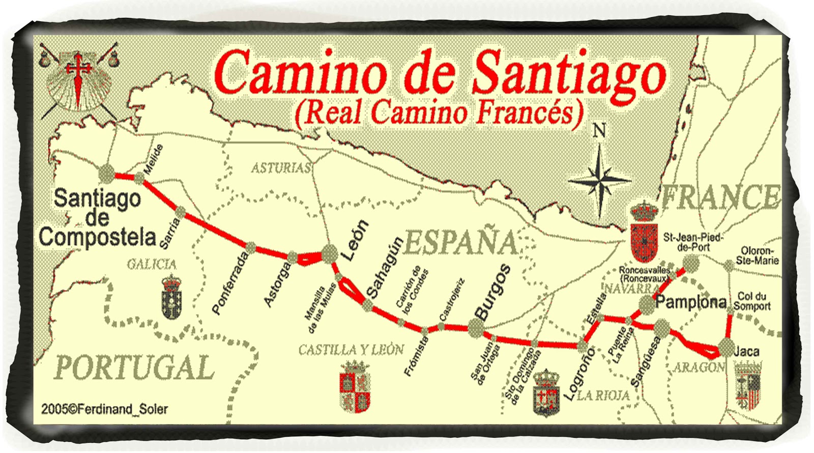 Frances route starting in Saint-Jean-Pied-de-Port, France and walking west to finish in Santiago de Compostela, Spain