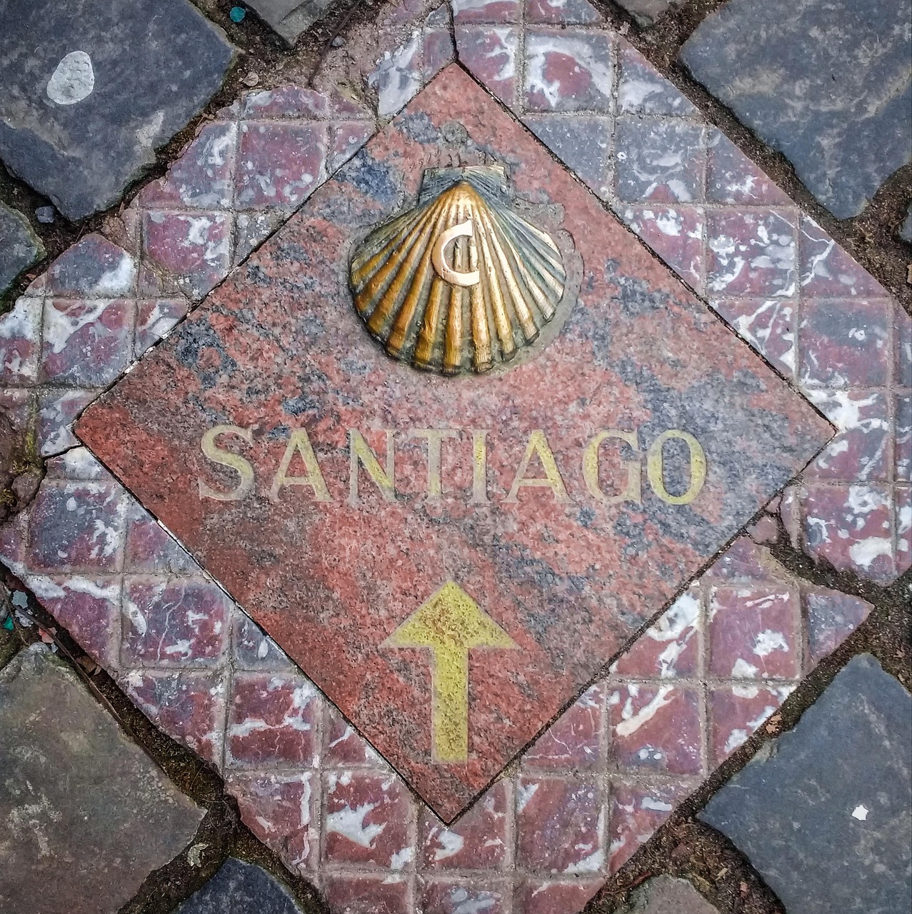 tile, signpost, santiago, santiago de compostella, compostella, walking path, arrow, pilgrimage, hiking, direction, shell, saint shell, santiago, santiago, santiago, santiago, santiago, pilgrimage